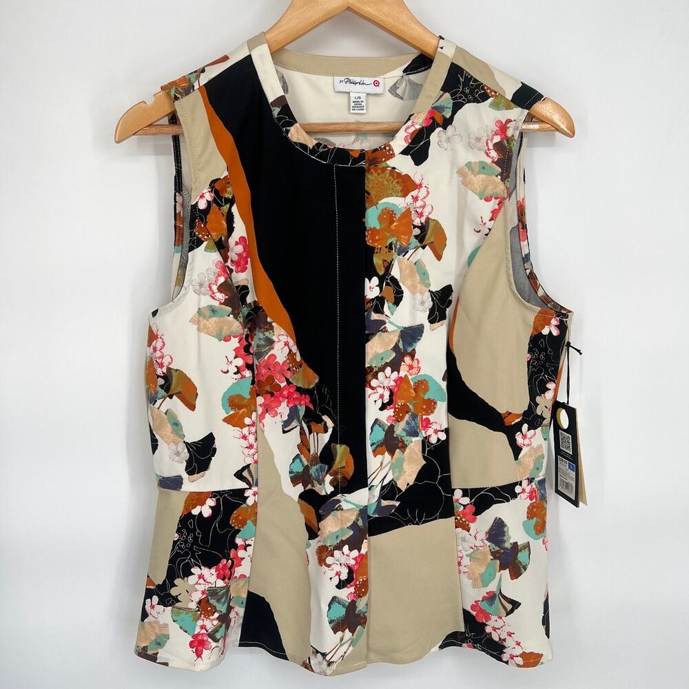 Phillip Lim Womens Top Sz L Floral Peplum Sleeveless Stretch Abstract Art Target